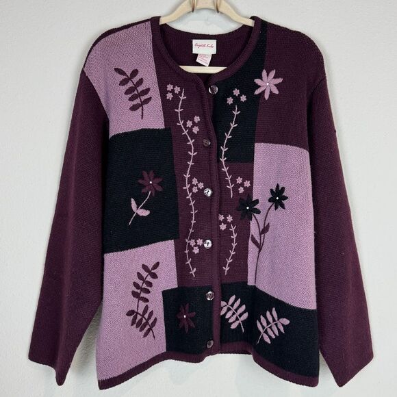 VTG Crystal Kobe Plum Embroidered Cardigan Sweater 1X - Picture 1 of 7